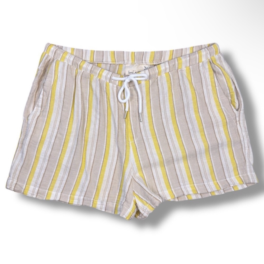 Land N Sea Linen Striped High-Waist Drawstring Shorts in Yellow and Tan